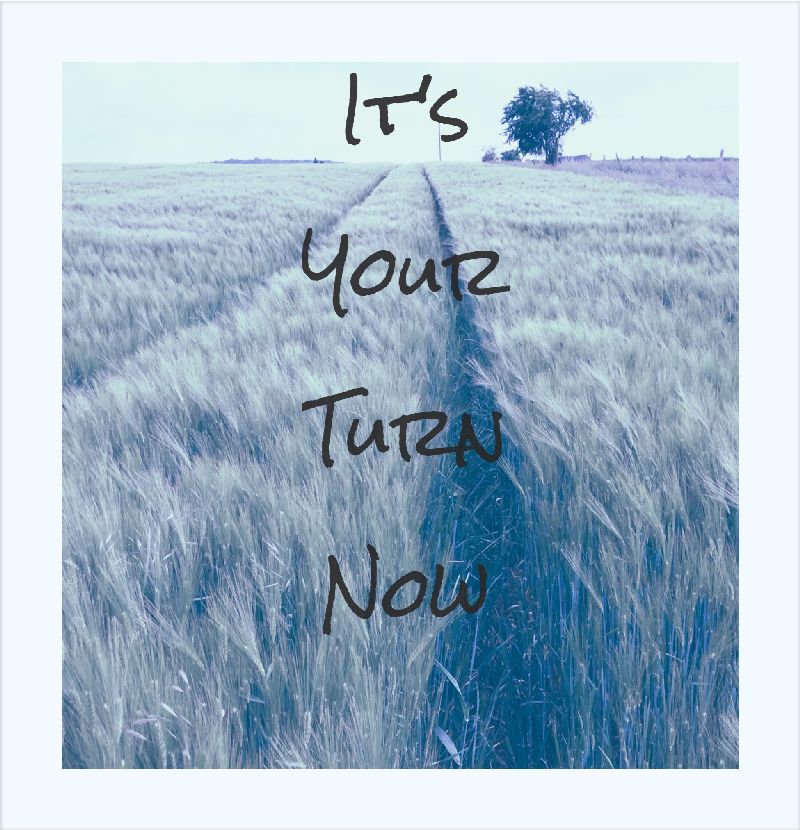 Polaroidfoto eines Weizenfeldes mit Text auf dem Bild - It's your turn now