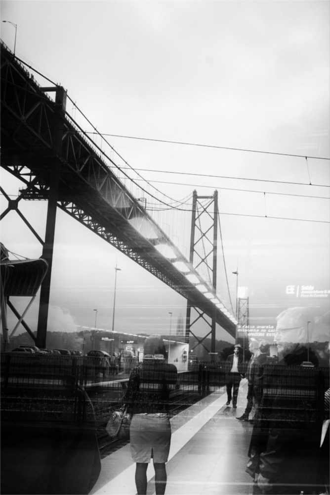 Ponte 25 de Abril Lisbon double exposure black and white photo